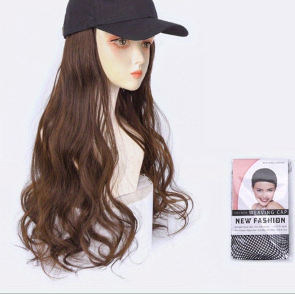 Hat Wig With Synthetic Hair Extensions Long Wavy Hair Extensions Brown color 2